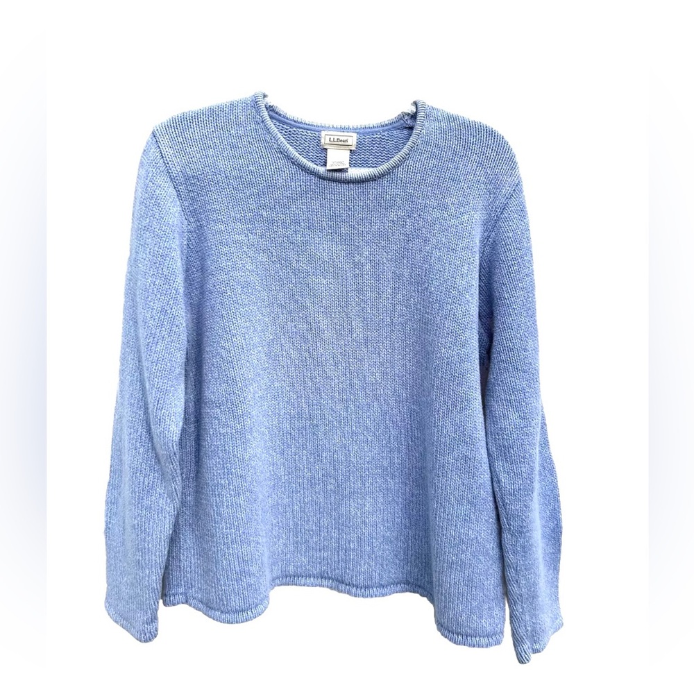 LL Bean Chunky Knit Sweater Womens L Periwinkle Blue 100% Cotton Pullover Preppy